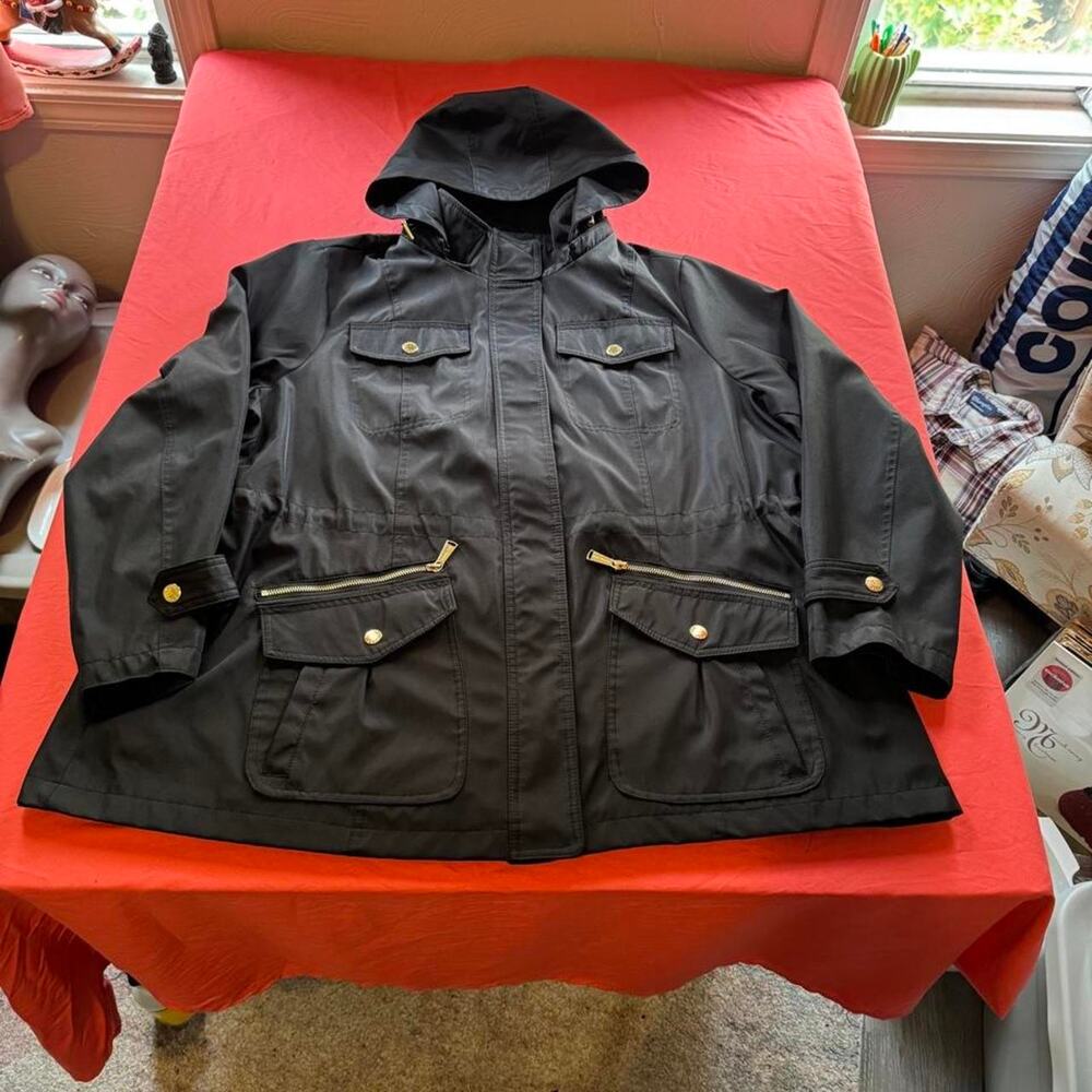 MICHAEL KORS Black Hooded Anorak Utility Jacket w/ Gold-Tone Hardware- Size 2XL